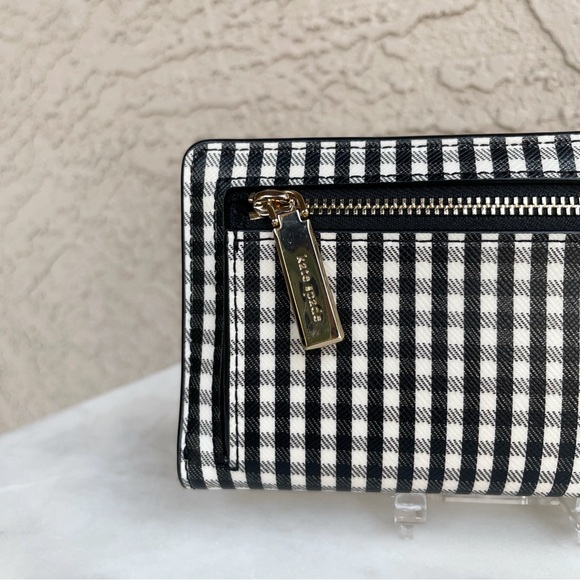 KATE SPADE Black & White Gingham Plaid Leather Madison Large Slim Bifold Wallet - Picture 4 of 9